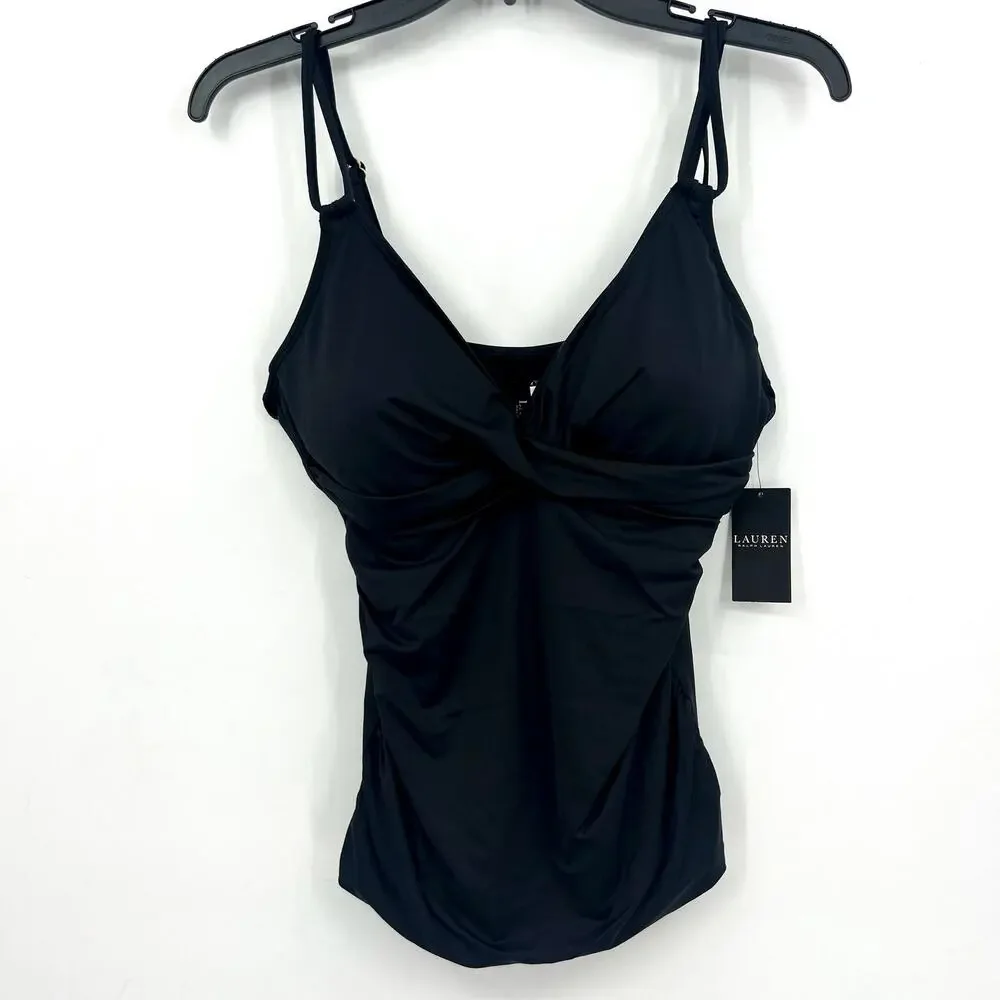 LAUREN RALPH LAUREN Double Strap Twist Tankini Top Size 12 Black Underwire NWT
